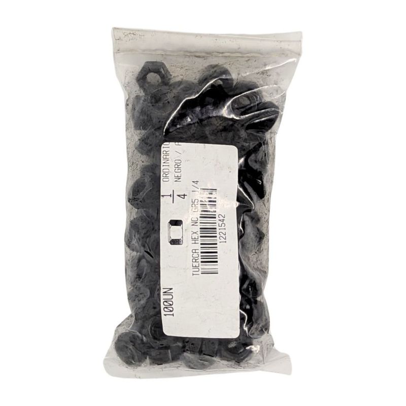 Tuerca Hexagonal de Acero Grado 5 Negro NC 1/4 Plg 20 Hilos Bolsa con 100 Piezas