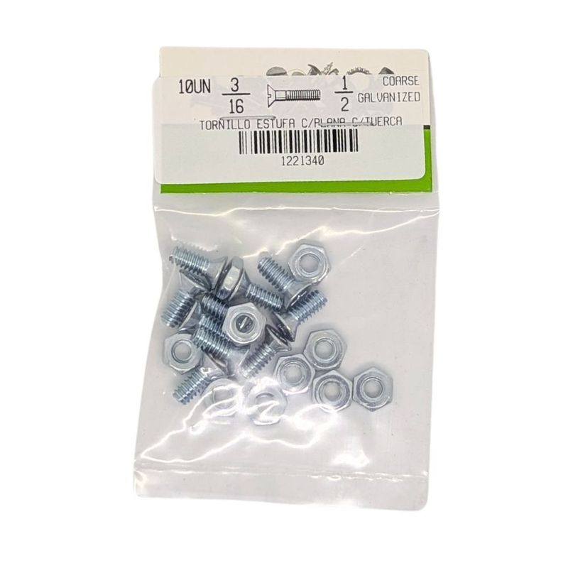 Tornillos Tipo Estufa Galvanizados 3/16 x 1/2 Plg con Tuerca 10 Unidades