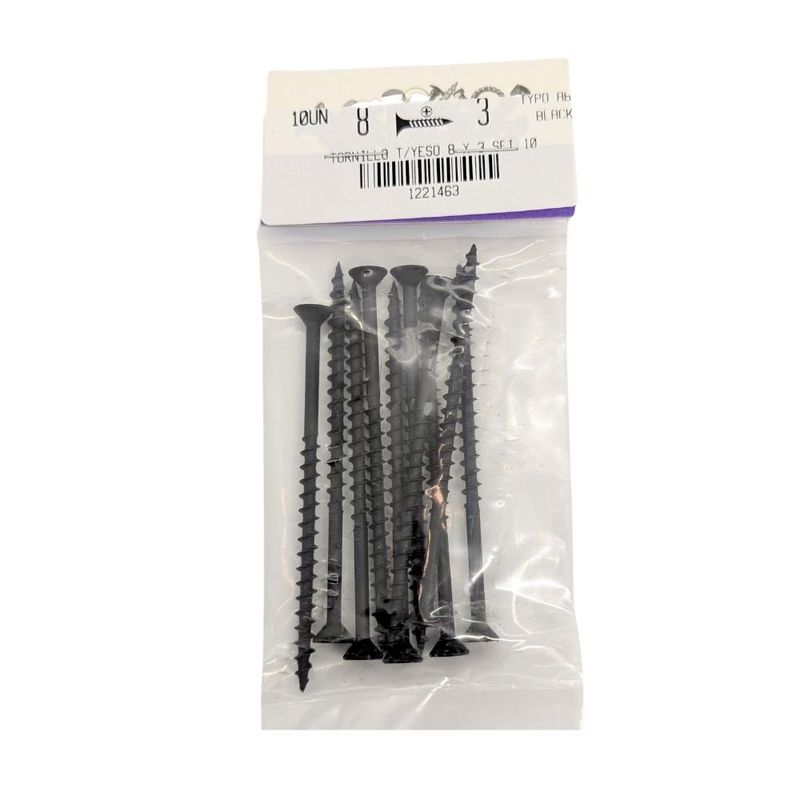 Tornillo para Tablaroca y Yeso 8 x 3 Plg Color Negro Bolsa con 10 Piezas