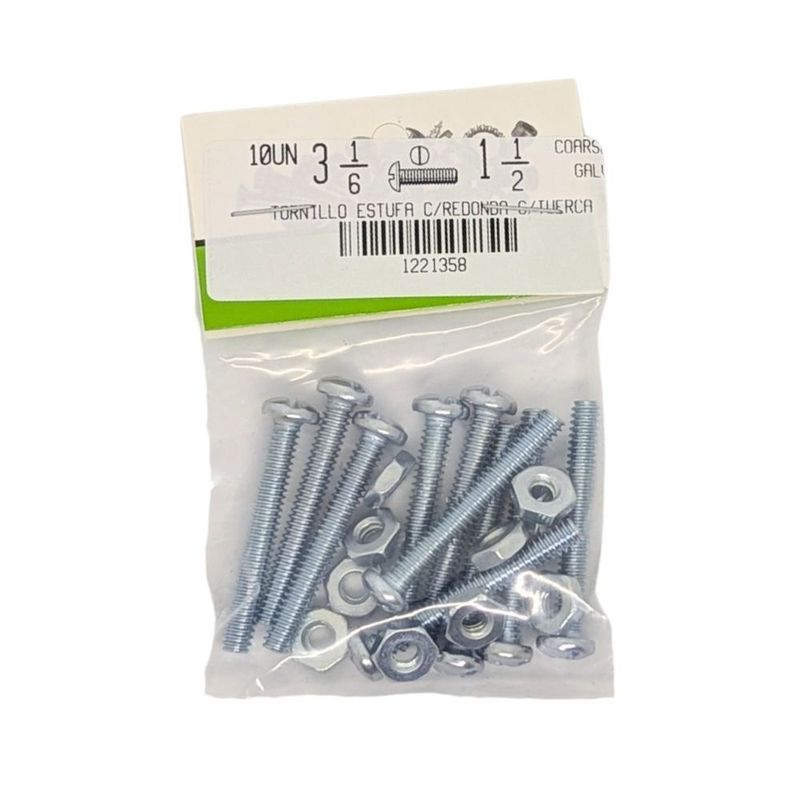 Tornillos Tipo Estufa Galvanizados con Cabeza Redonda de 3/16 x 1 1/2 Plg y Tuerca en Bolsa de 10 Unidades