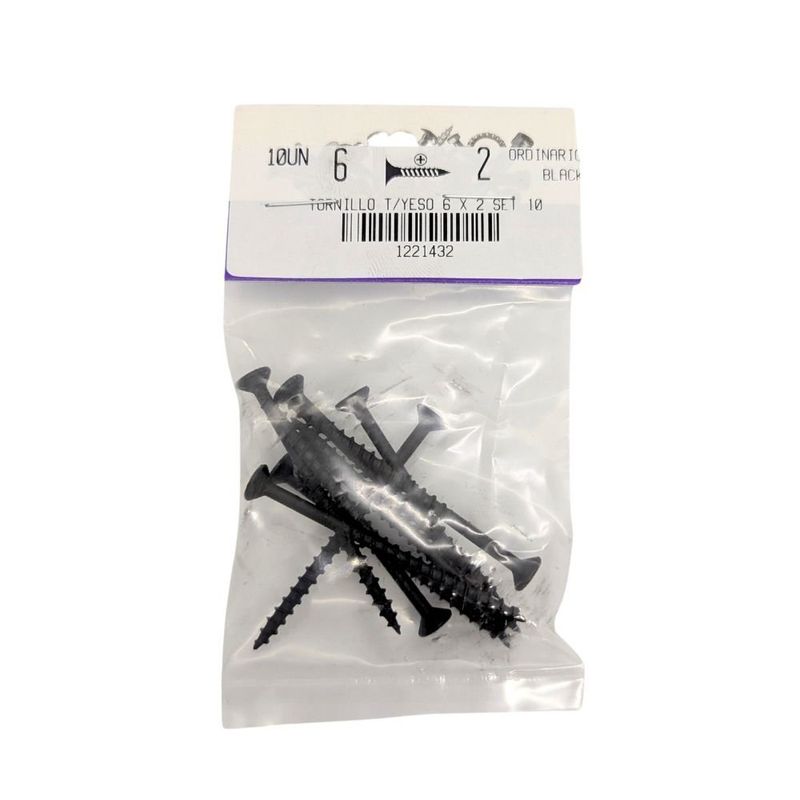 Tornillo para Tablaroca y Yeso 6 x 2 Plg Color Negro Bolsa con 10 Piezas