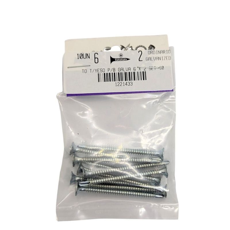Tornillo Punta Broca para Tablaroca y Yeso 6 x 2 Plg Galvanizado Bolsa con 10 Piezas