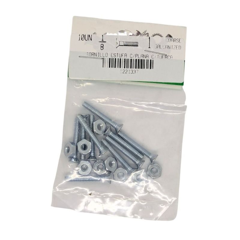Tornillos Tipo Estufa Galvanizados 1/8 x 1 Plg con Tuerca 10 Unidades