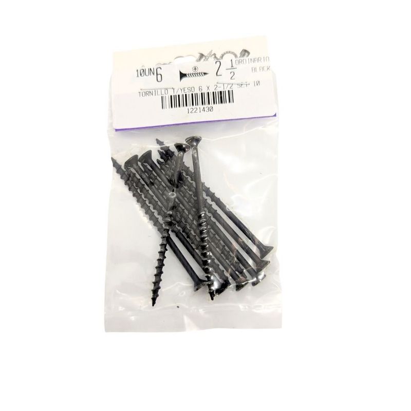 Tornillo para Tablaroca y Yeso 6 x 2 1/2 Plg Color Negro Bolsa con 10 Piezas