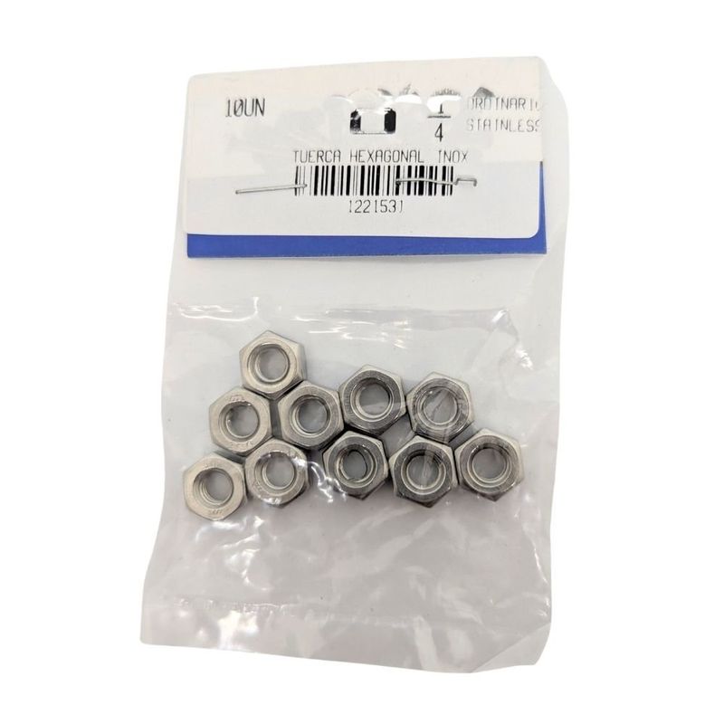 Tuerca Hexagonal de Acero Inoxidable NC 1/4 Plg 20 Hilos Bolsa con 10 Piezas