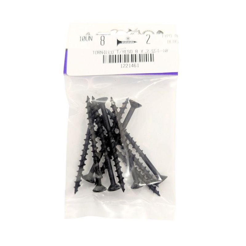 Tornillo para Tablaroca y Yeso 8 x 2 Plg Color Negro Bolsa con 10 Piezas