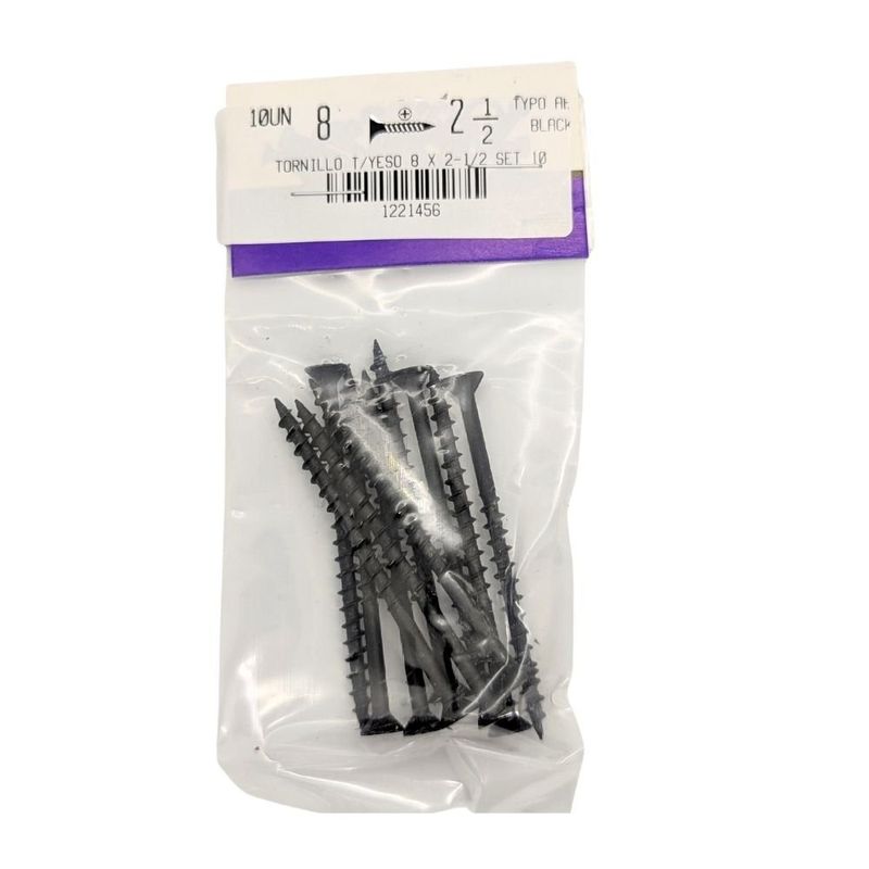 Tornillo para Tablaroca y Yeso 8 x 2 1/2 Plg Color Negro Bolsa con 10 Piezas