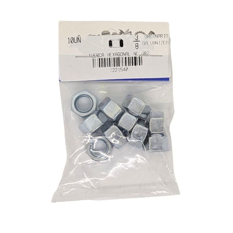 Tuerca Hexagonal de Acero Grado 2 Galvanizado NC 3/8 Plg 16 Hilos Bolsa con 10 Piezas