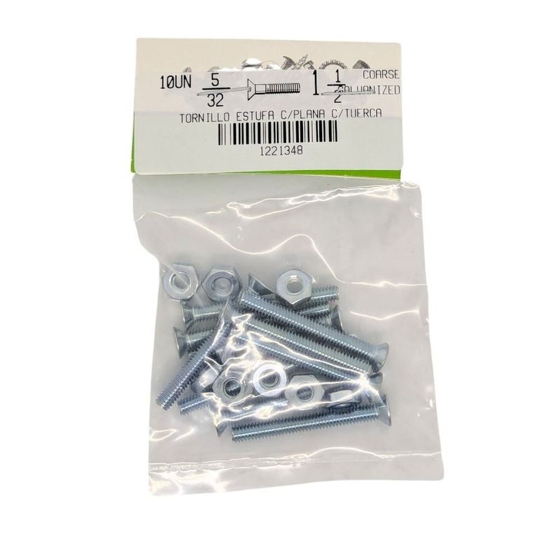 Tornillos Tipo Estufa Galvanizados 5/32 x 1 1/2 Plg con Tuerca 10 Unidades