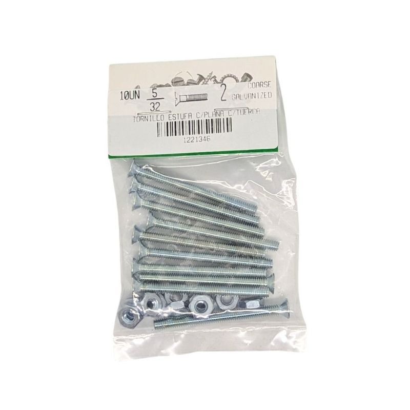Tornillos Tipo Estufa Galvanizados 5/32 x 2 Plg con Tuerca 10 Unidades