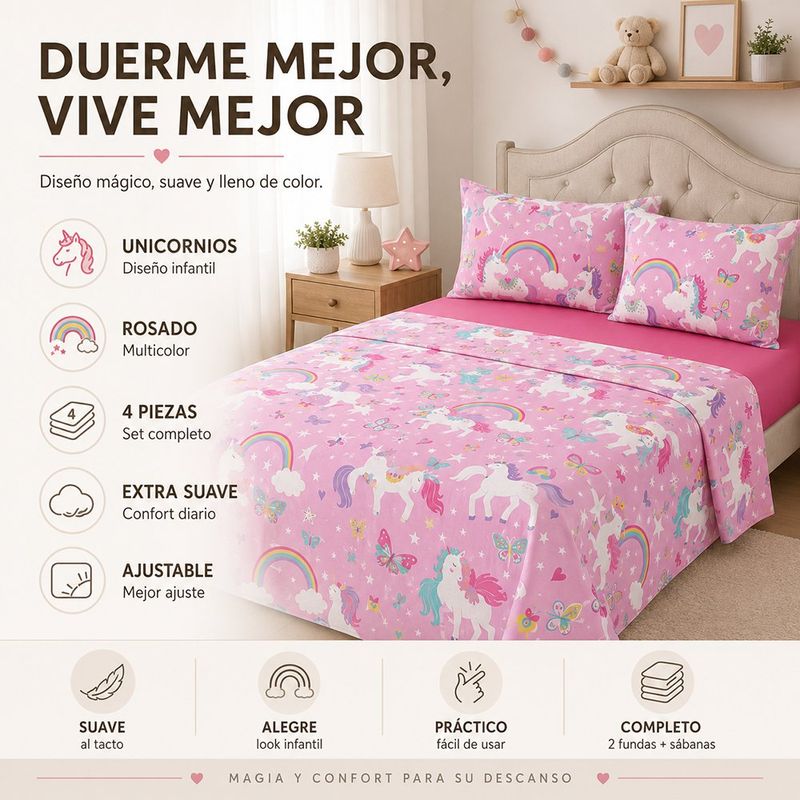 Set de Sábanas Unicornio y Mariposas 4 Piezas - Matrimonial