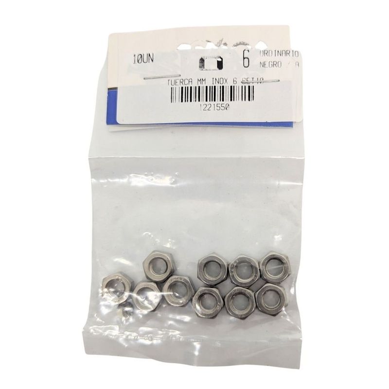 Tuerca Hexagonal Métrica de Acero Inoxidable M6 Bolsa con 10 Piezas