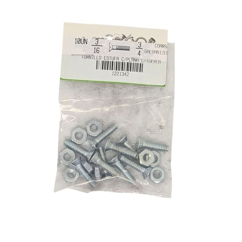 Tornillos Tipo Estufa Galvanizados 3/16 x 3/4 Plg con Tuerca 10 Unidades
