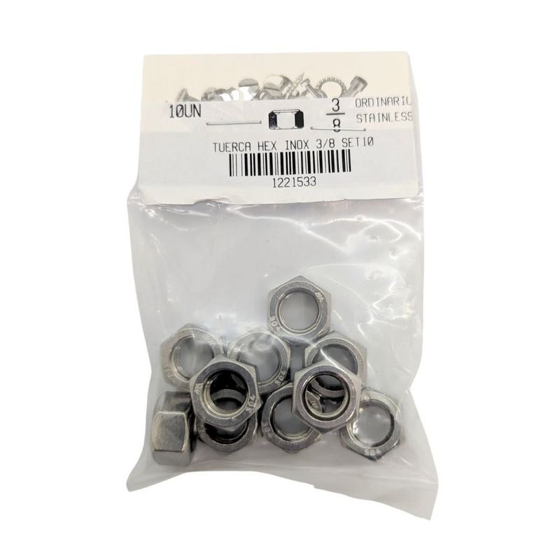 Tuerca Hexagonal de Acero Inoxidable NC 3/8 Plg 16 Hilos Bolsa con 10 Piezas