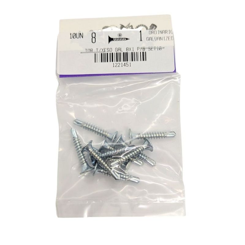 Tornillo Punta Broca para Tablaroca y Yeso 8 x 1 Plg Galvanizado Bolsa con 10 Piezas