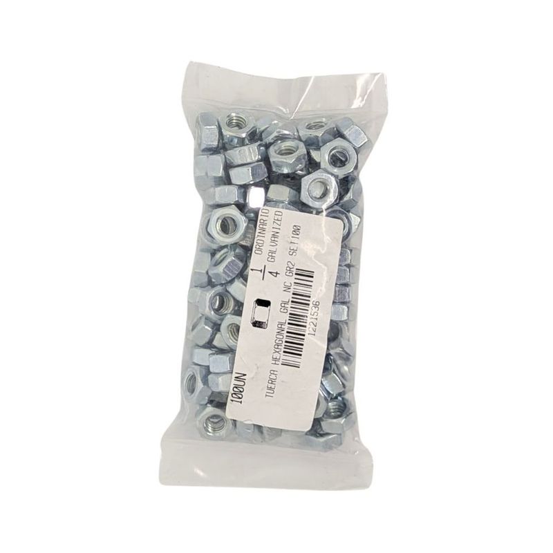 Tuerca Hexagonal de Acero Grado 2 Galvanizado NC 1/4 Plg 20 Hilos Bolsa con 100 Piezas