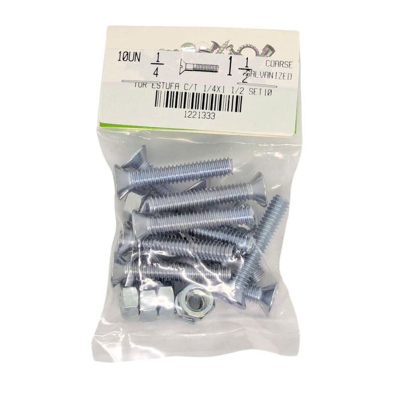 Tornillos Tipo Estufa Galvanizados 1/4 x 1 1/2 Plg con Tuerca 10 Unidades