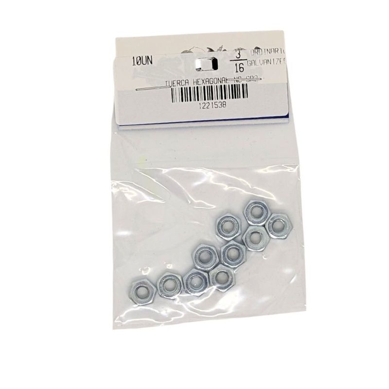 Tuerca Hexagonal de Acero Grado 2 Galvanizado NC 3/16 Plg 24 Hilos Bolsa con 10 Piezas