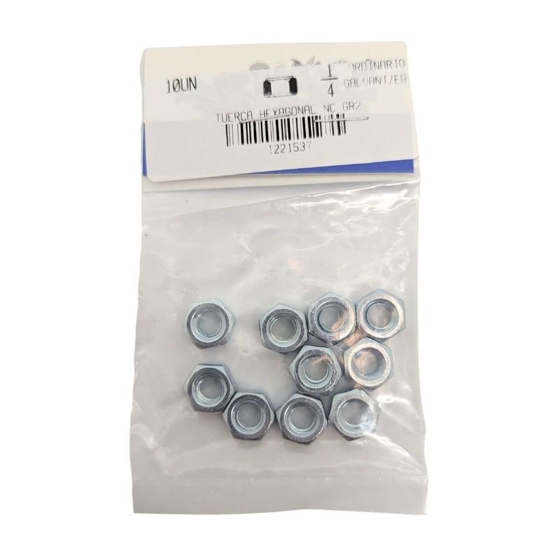Tuerca Hexagonal de Acero Grado 2 Galvanizado NC 1/4 Plg 20 Hilos Bolsa con 10 Piezas