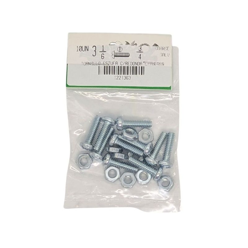Tornillos Tipo Estufa Galvanizados con Cabeza Redonda de 3/16 x 3/4 Plg y Tuerca en Bolsa de 10 Unidades