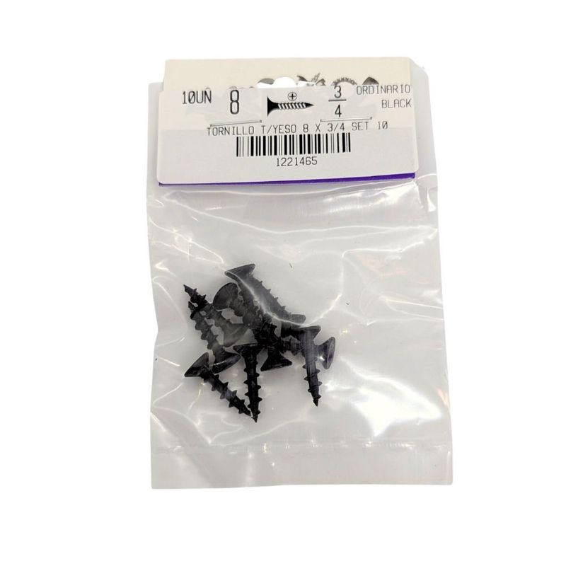 Tornillo para Tablaroca y Yeso 8 x 3/4 Plg Color Negro Bolsa con 10 Piezas