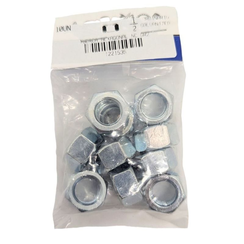 Tuerca Hexagonal de Acero Grado 2 Galvanizado NC 1/2 Plg 13 Hilos Bolsa con 10 Piezas