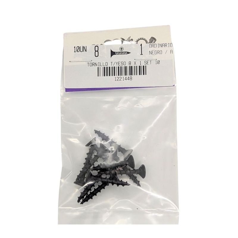 Tornillo para Tablaroca y Yeso 8 x 1 Plg Color Negro Bolsa con 10 Piezas