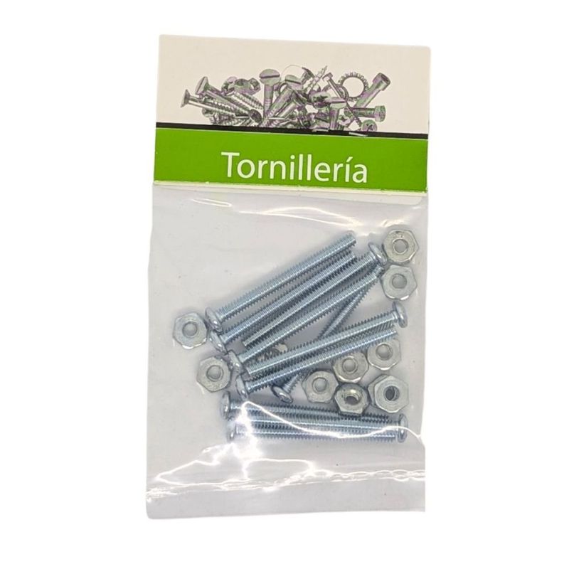 Tornillos Tipo Estufa Galvanizados con Cabeza Redonda de 1/8 x 1 1/2 Plg y Tuerca en Bolsa de 10 Unidades