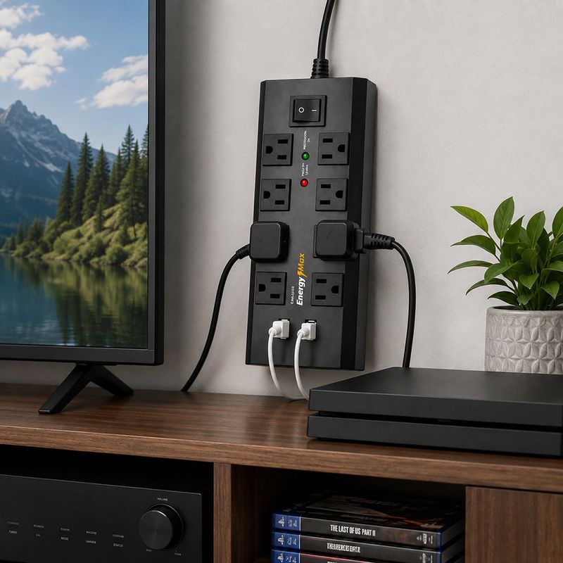 Protector de Sobretensiones con 8 Salidas CA, Coaxial y 2 USB en Color Negro