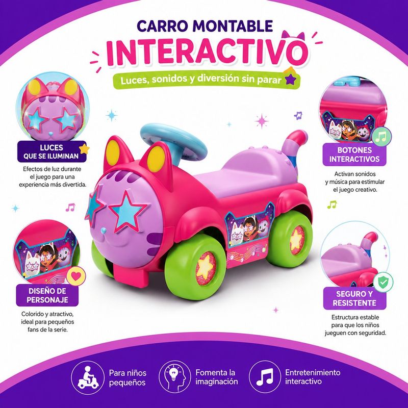 Carro Montable Gabby's Dollhouse Party Bus Ride On con Luces y Sonidos para Niños