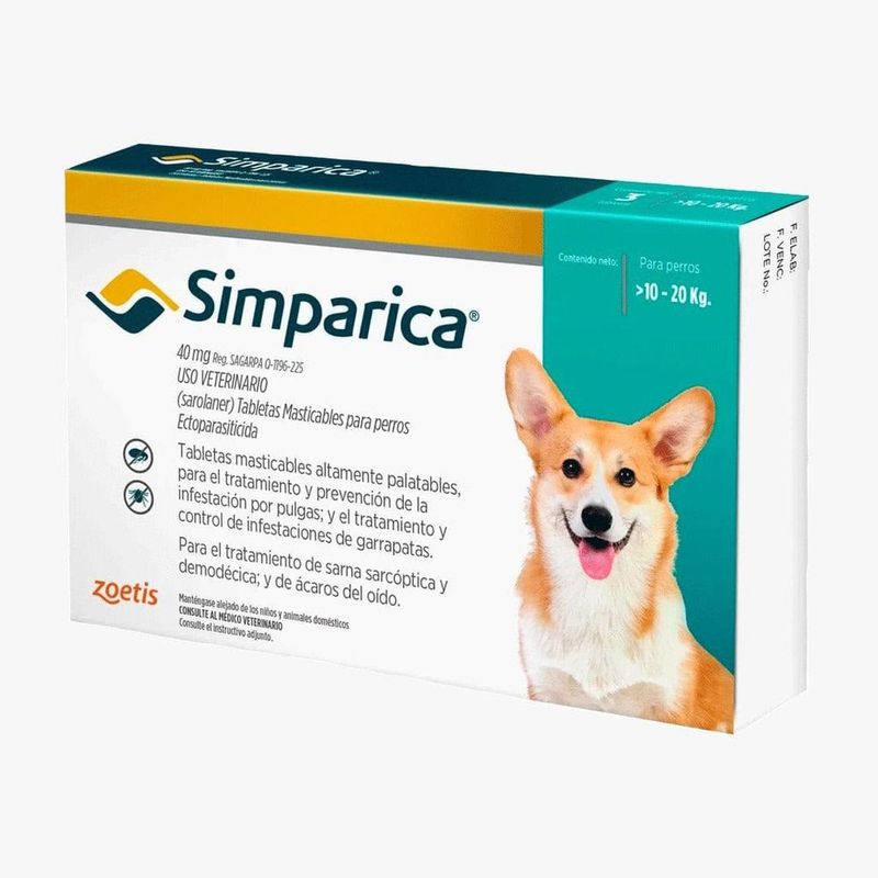 Antiparasitario Simparica 40 mg para Perros de 10 a 20 Kg 3 Tabletas