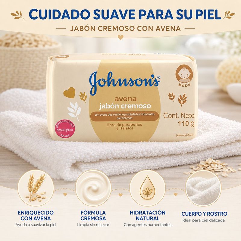 Jabón Cremoso Johnson’s Baby Avena Hidratante para Piel Delicada 75 Gramos