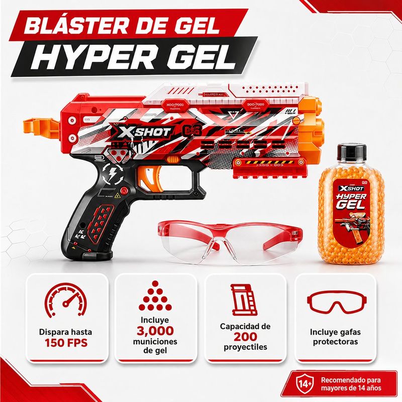 Lanzador Manual X-Shot Hyper Gel Stinger con 3,000 Pellets y Gafas de Protección
