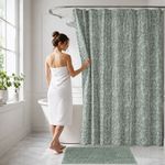 Set de Cortina de Baño con Ganchos y Alfombra Diseño Botánico Color Verde 14 Piezas