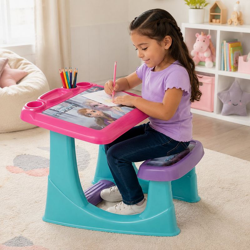 Escritorio Infantil Disney Frozen con Asiento Integrado Color Rosa y Turquesa