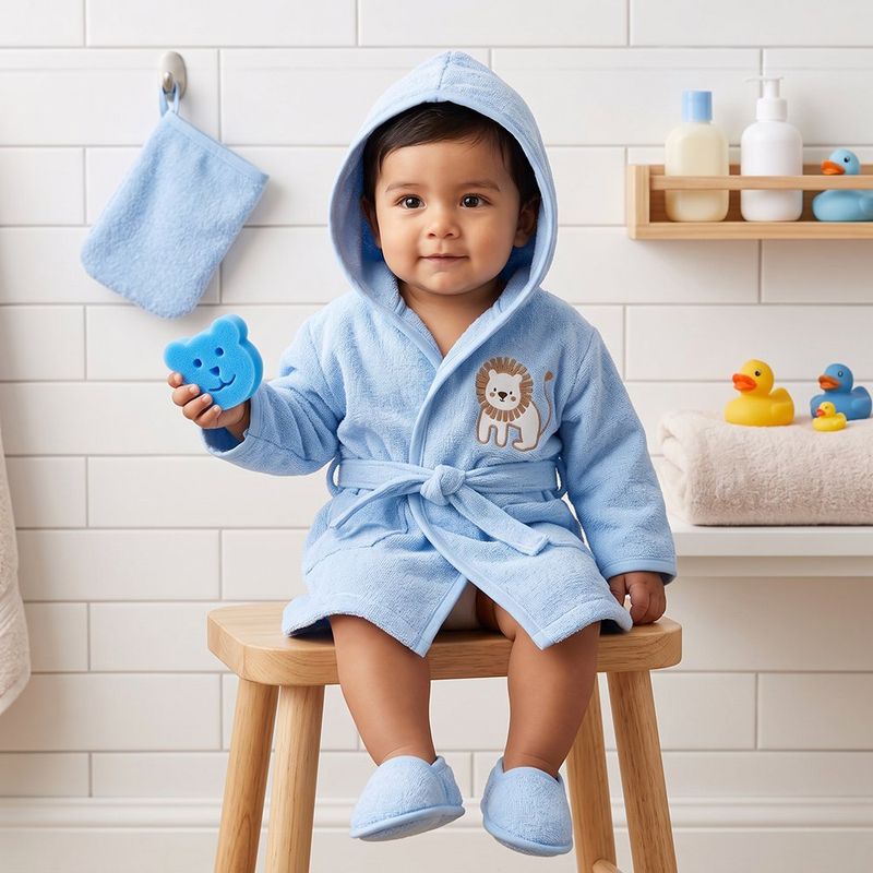 Set de Baño para Bebé con Diseño de León 4 Piezas Color Celeste Talla 0-18 Meses