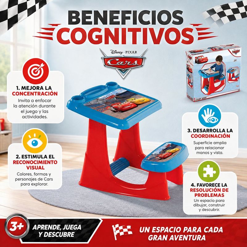 Escritorio Infantil Diseño Cars con Asiento Integrado y Portalápices Color Azul y Rojo