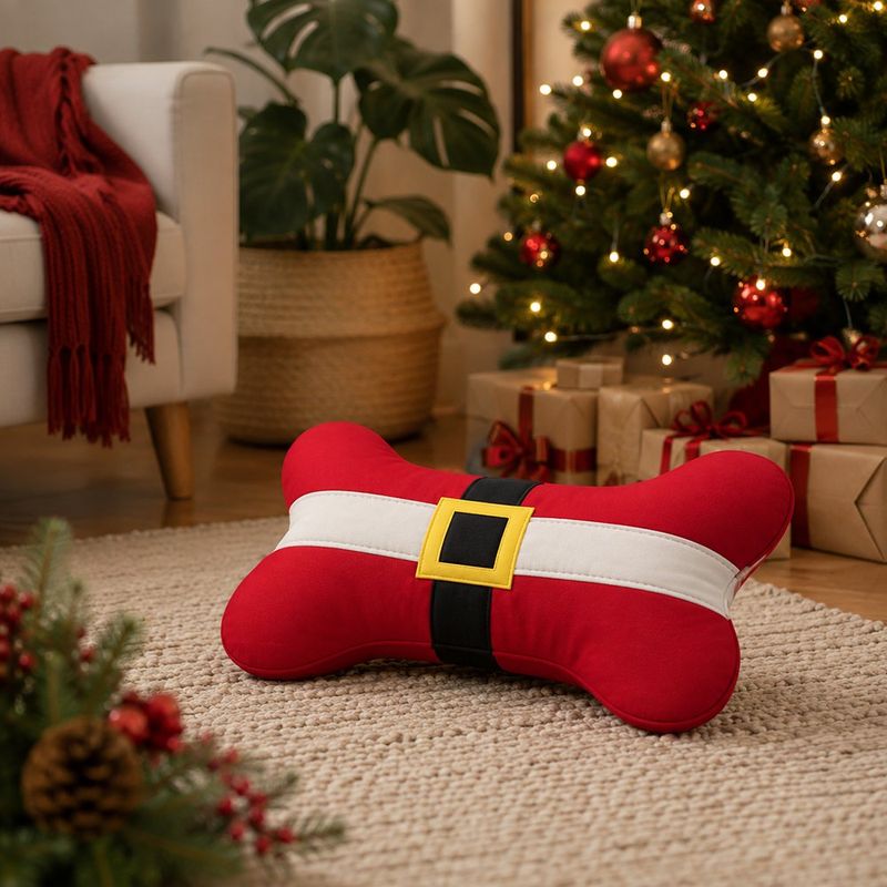 Cama Tipo Cojín en Forma de Hueso Navideño para Mascota en Color Rojo