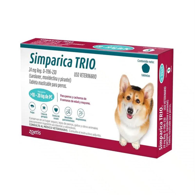 Antiparasitario Simparica Trio 24 mg para Perros de 10 a 20 kg 3 Tabletas