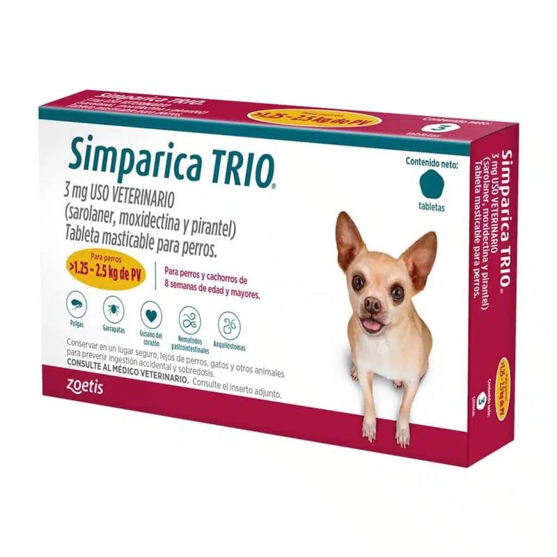 Antiparasitario Simparica Trio 3 mg para Perros de 1.25 a 2.5 Kg 3 Tabletas