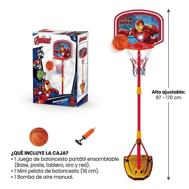 Set de Canasta de Basketball Infantil Marvel Avengers Iron Man Ajustable 97-170 Cm con Pelota y Bomba