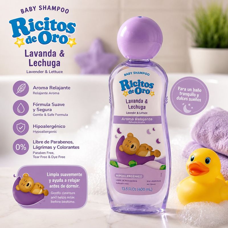 Shampoo para Bebé Ricitos de Oro de Lavanda y Lechuga Aroma Relajante Hipoalergénico 400 mL