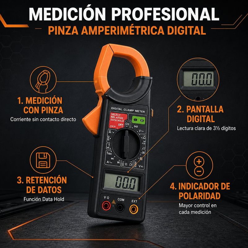 Pinza Amperimétrica Digital de Gancho FP0076 con Pantalla de 3½ Dígitos y Data Hold