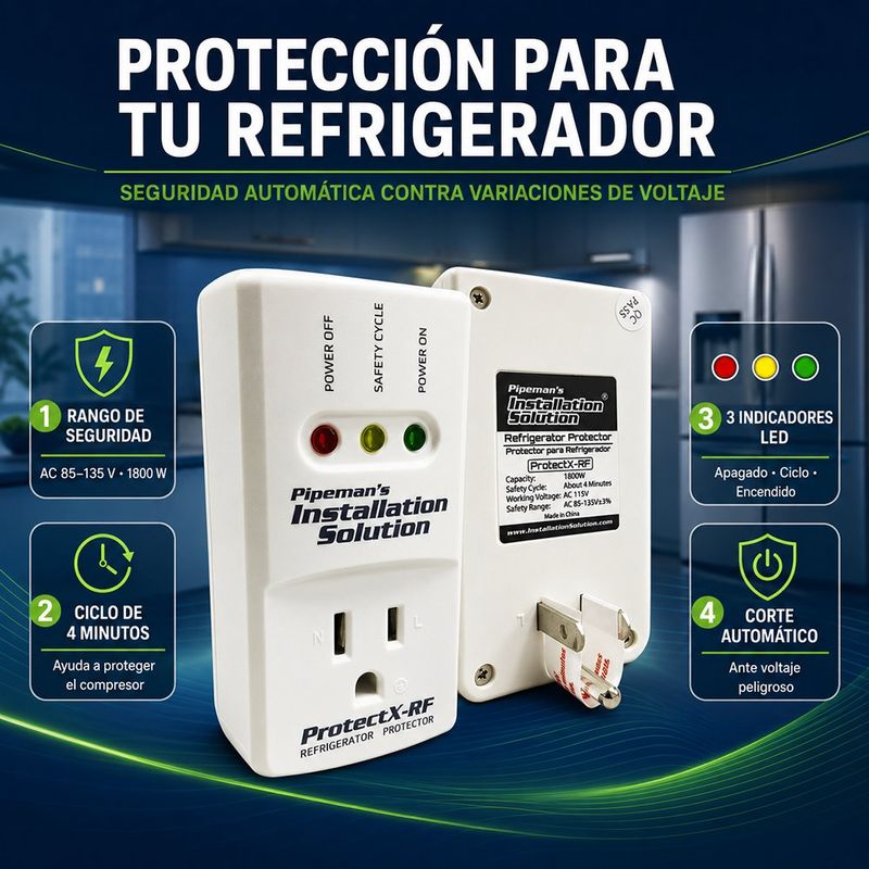 Protector de Voltaje para Refrigerador 1800W con Ciclo de Seguridad 4 Minutos y 3 Indicadores LED