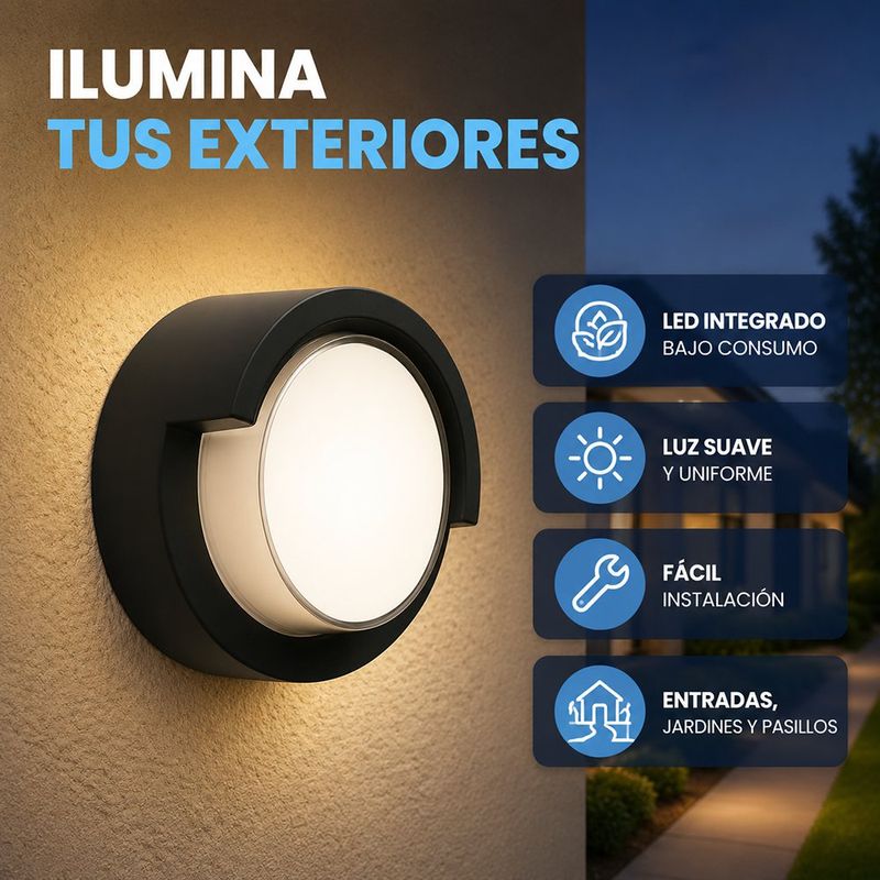 Lámpara Exterior para Pared LED de 15W Astro Redonda con Difusor en Negro