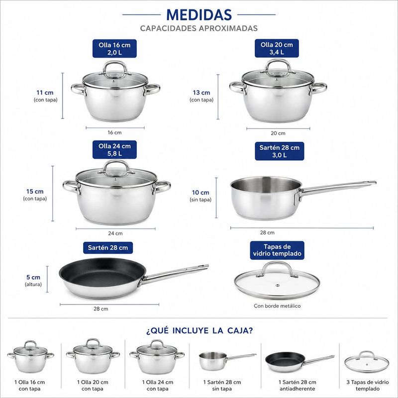 Batería de Cocina 7 Piezas de Acero Inoxidable Color Plateado