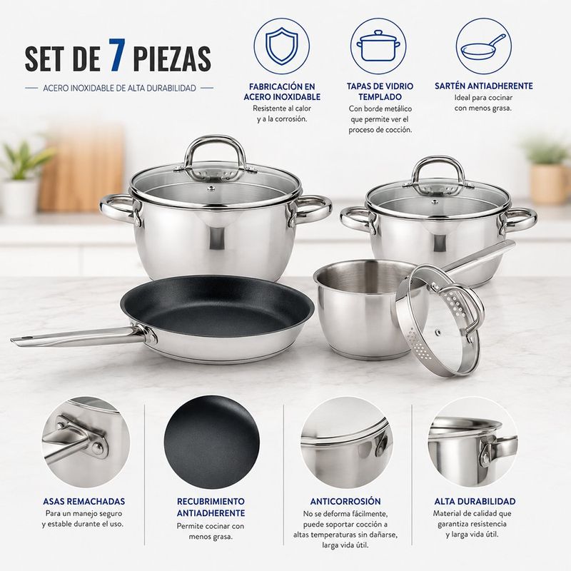 Batería de Cocina 7 Piezas de Acero Inoxidable Color Plateado