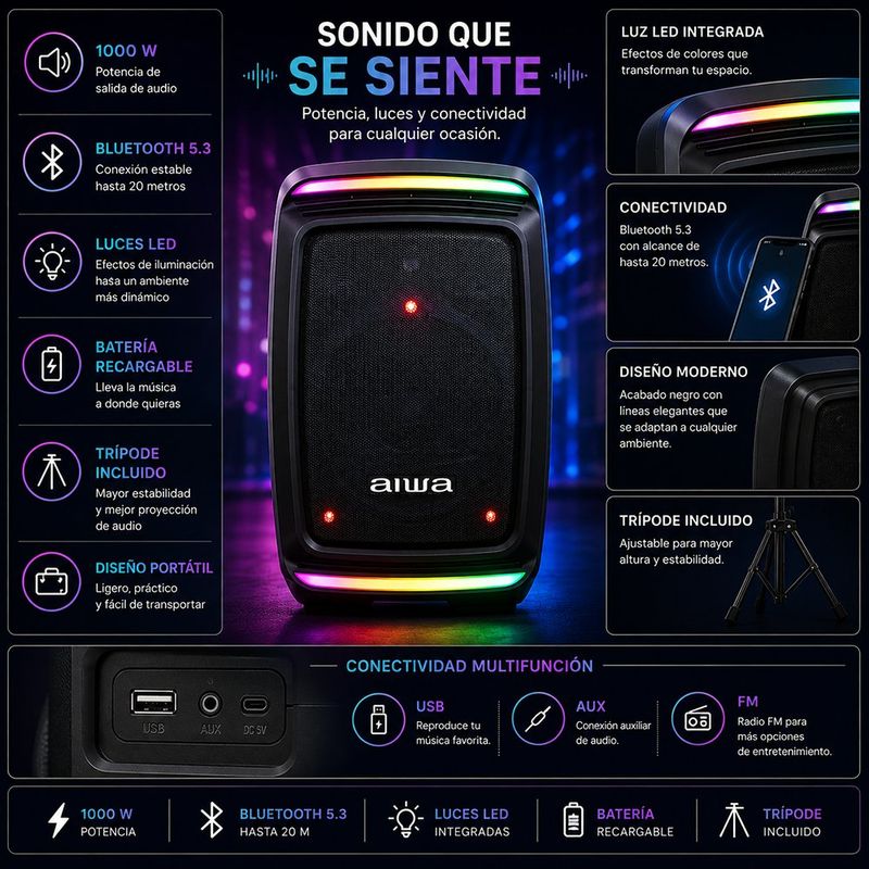 Bocina Bluetooth de 1000 W con Trípode y Luces LED Color Negro