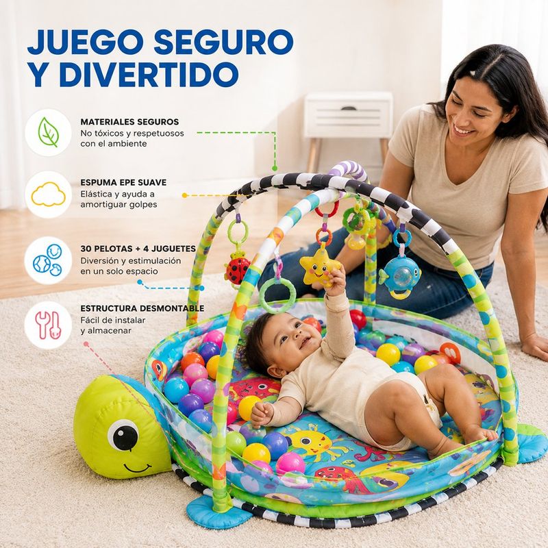 Gimnasio de Actividades para Bebé en Forma de Tortuga con 30 Pelotas y 4 Juguetes Colgantes Celeste