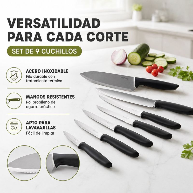 Set de 9 Cuchillos de Cocina Sidney Color Negro